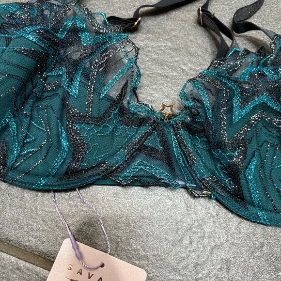 Savage X Fenty Shining Star Embroidered Half Cup Plunge Bra Wildflower Blue 36D - Picture 5 of 10